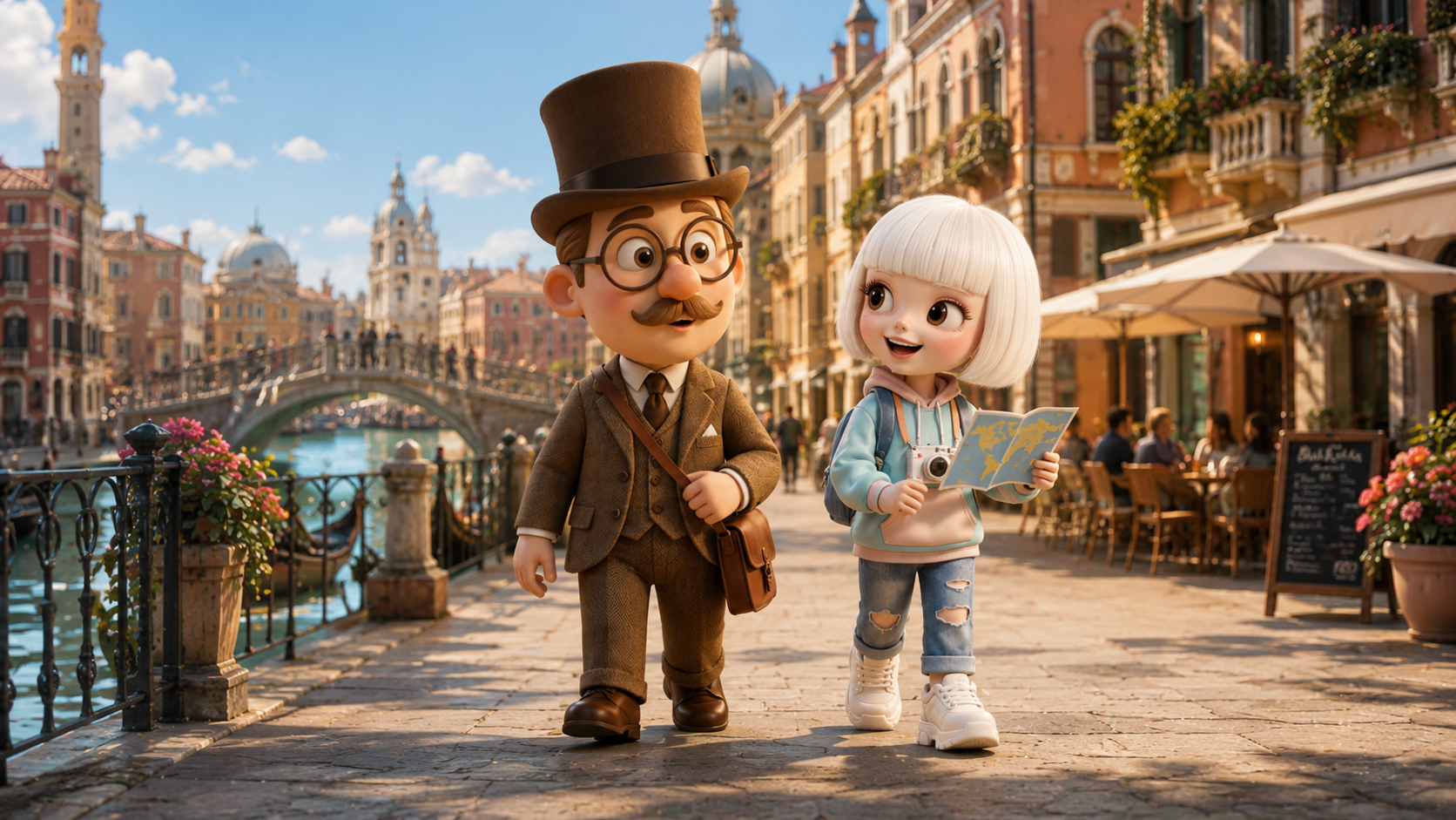 Style reference Phileas and Fogg walking in Venice